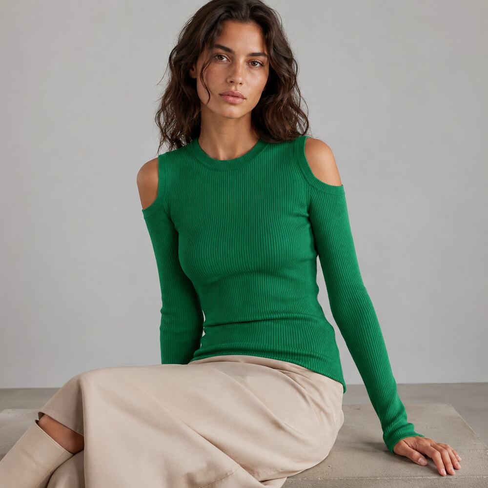 P.A.R.O.S.H. Green Ribbed Long Sleeve Cold Shoulder Pullover Sweater Top, size M